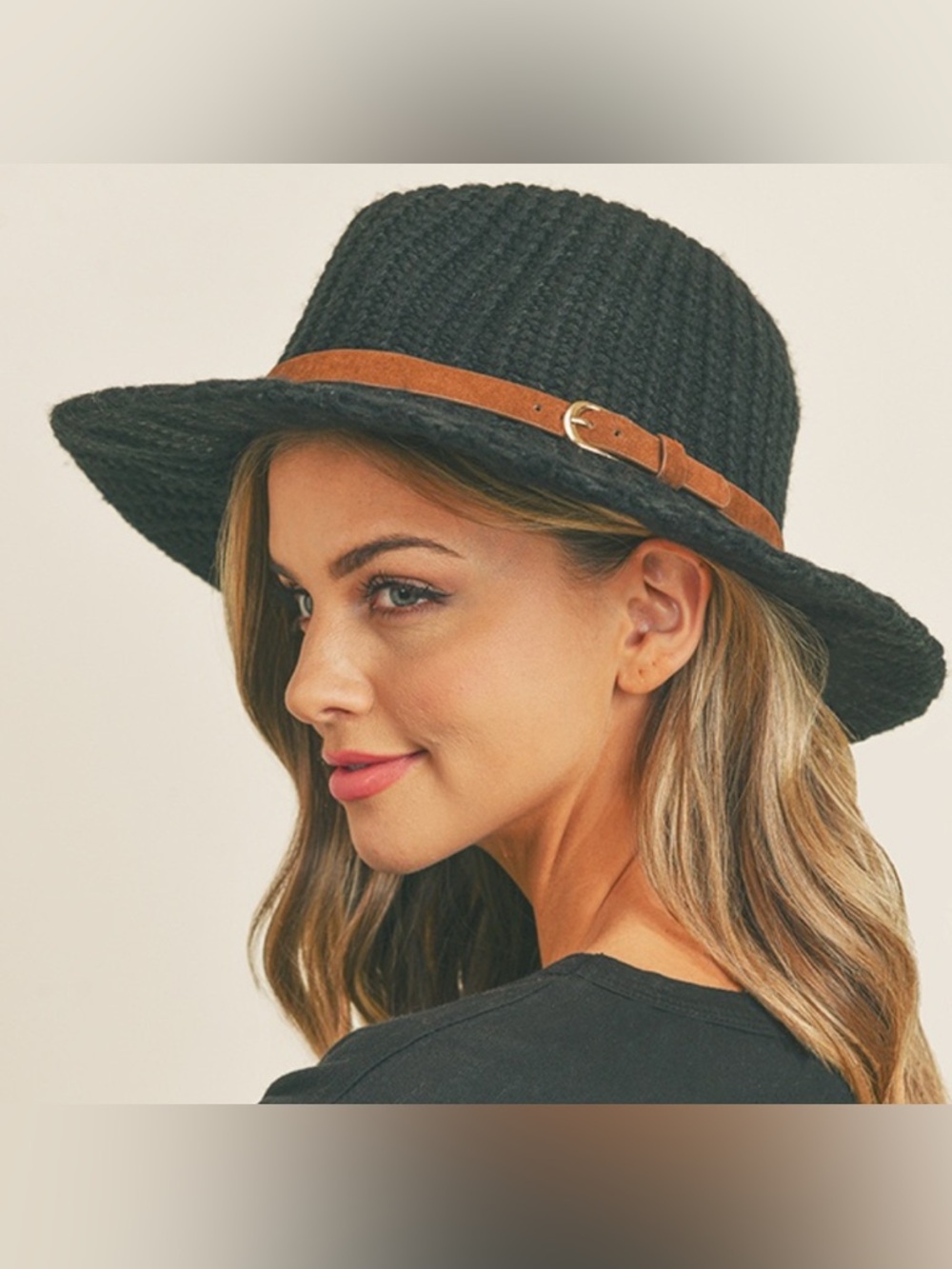 Stylish Black Knit Fedora Hat with Brown Band